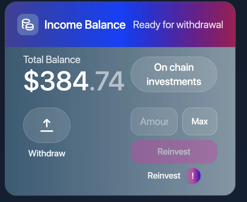 Submitted account screen — $384.74 total income balance marked ready for withdrawal.