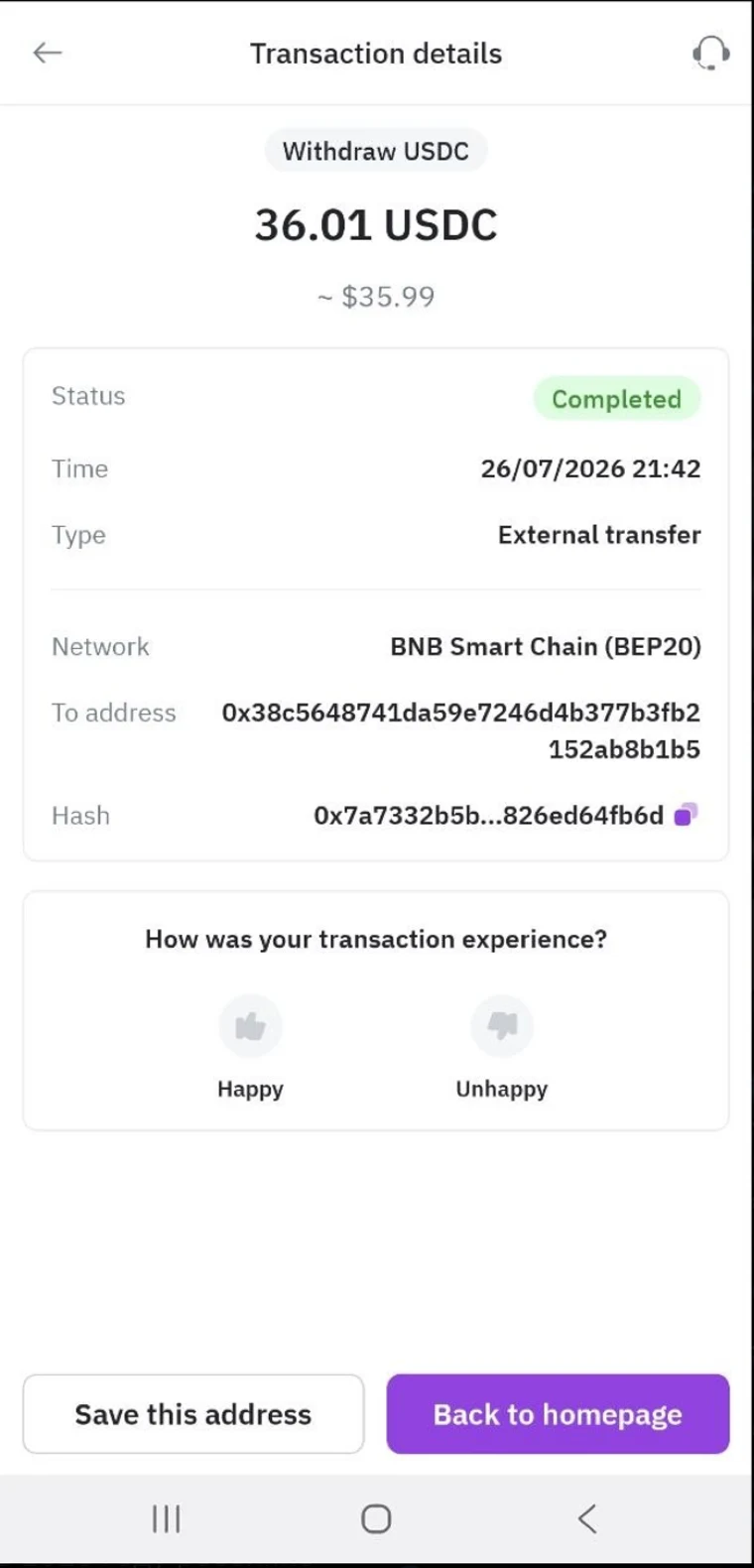 Transaction record showing a completed 36.01 USDC external transfer on BNB Smart Chain